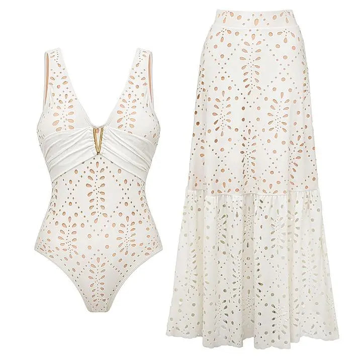 Women's V Neck White Laser Cut One Piece Swimsuit