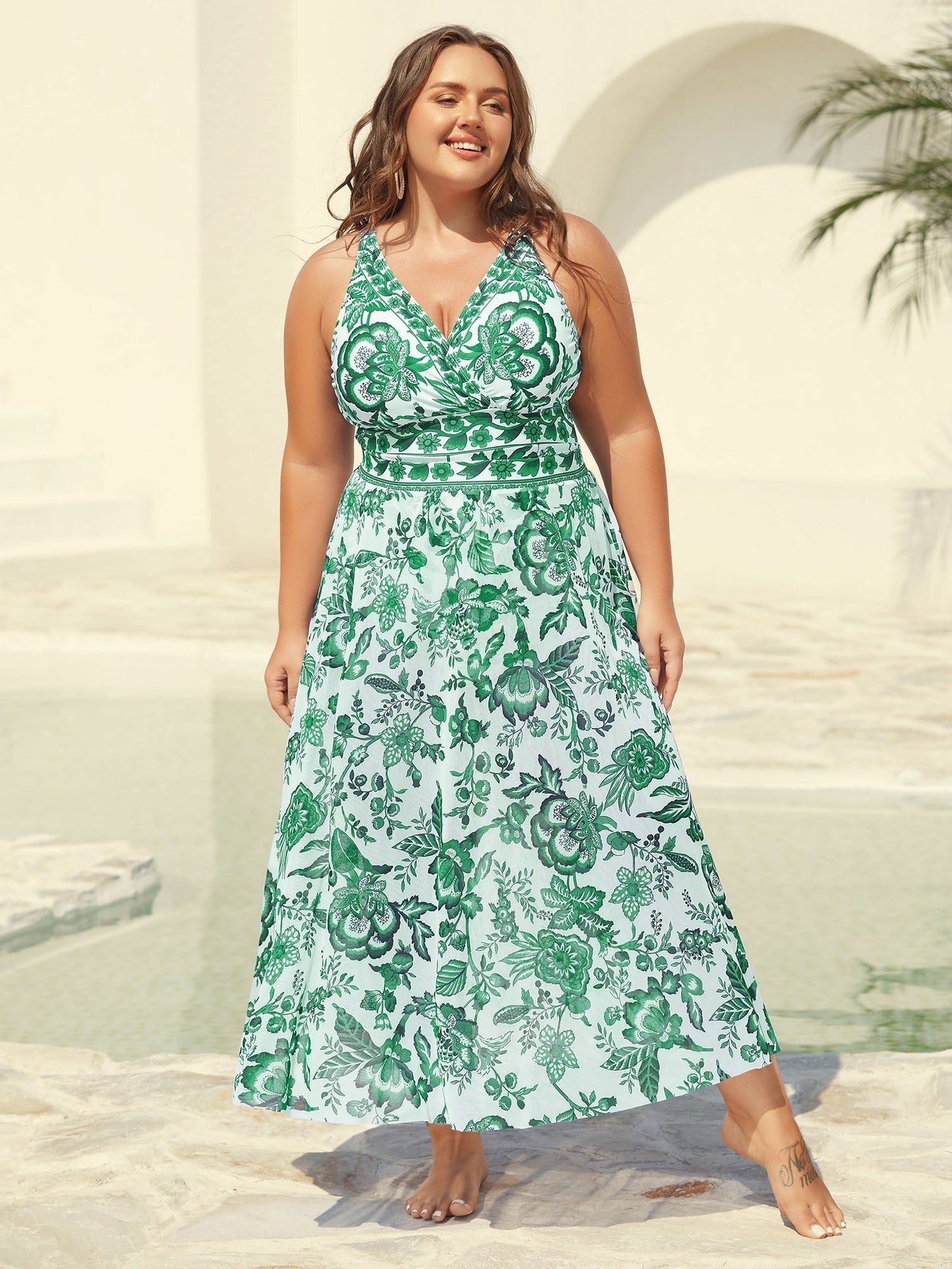 Two-Piece Floral Print Ruched Mesh Swimsuit