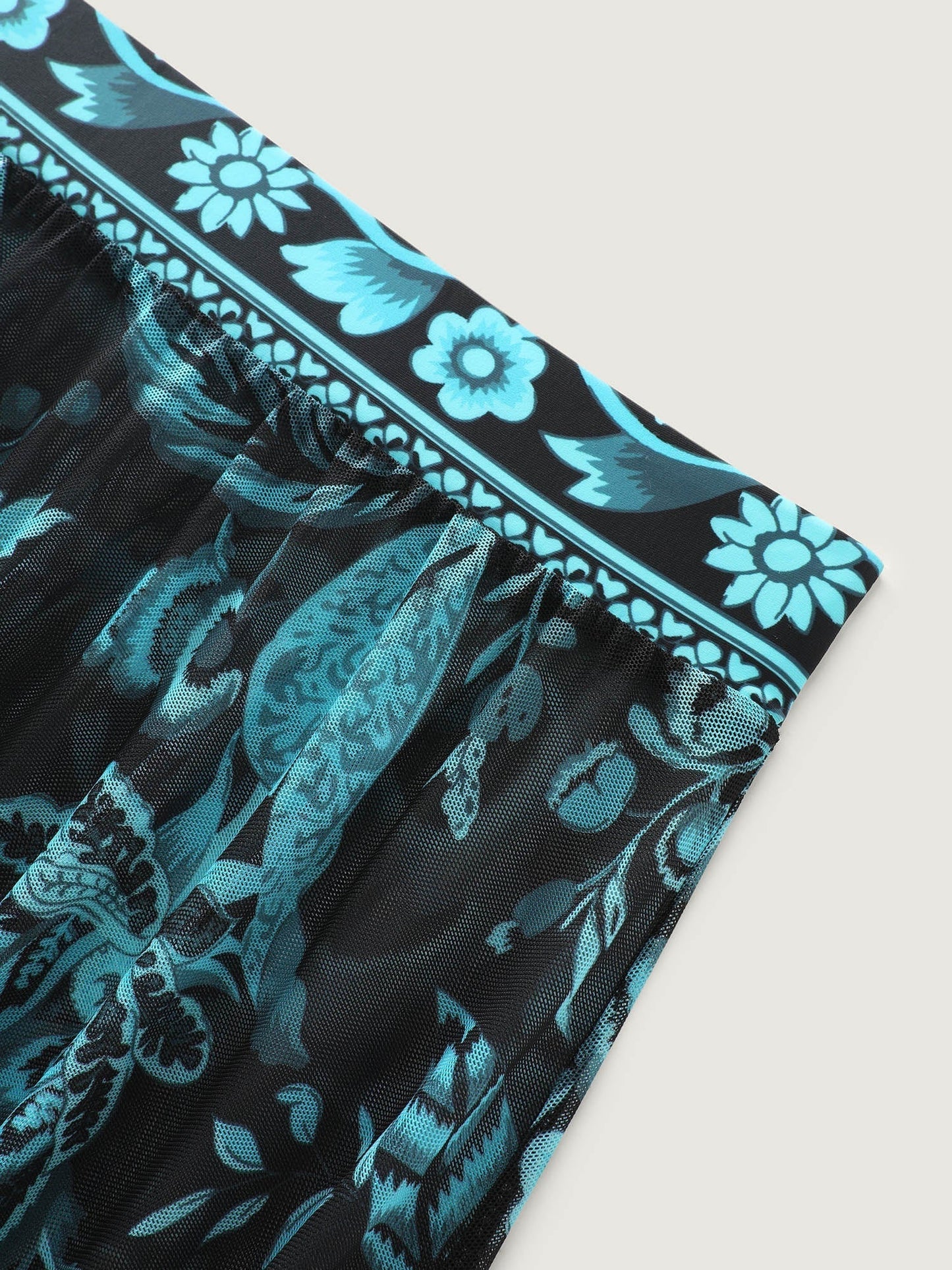 Two-Piece Floral Print Ruched Mesh Swimsuit