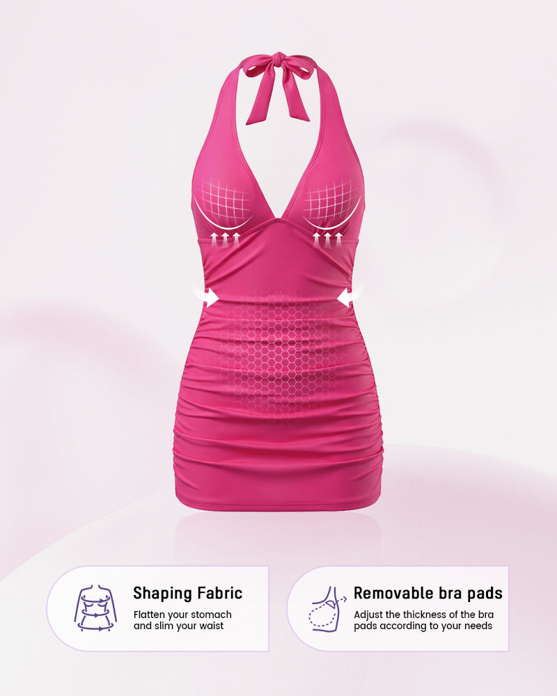 Halter V-Neck Sculpting Swim Dress – 2-Piece Set