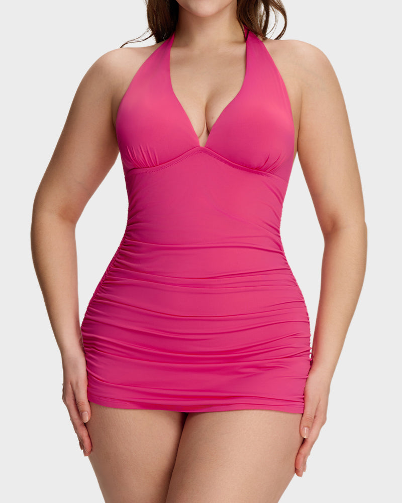 Halter V-Neck Sculpting Swim Dress – 2-Piece Set
