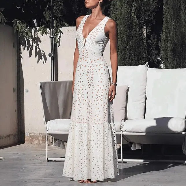 Women's V Neck White Laser Cut One Piece Swimsuit